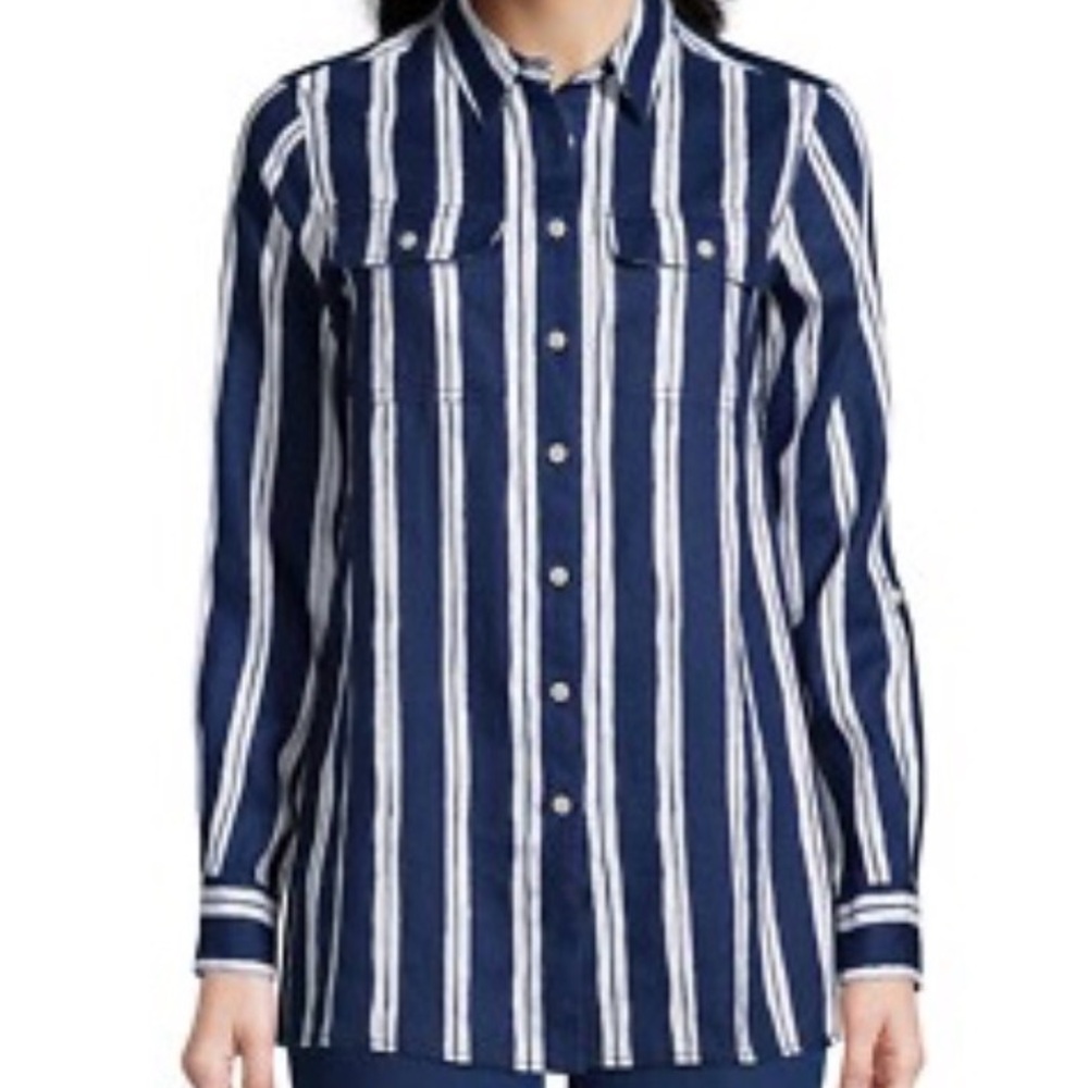Lands End Linen Button Down Striped Top Camp Shirt Long Sleeve Tunic Resort Vaca